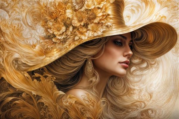 والپیپر هنری چهره زن با تم طلایی و گل‌های برجسته مناسب پوستر دیواری سه بعدی و قاب دکوراتیو