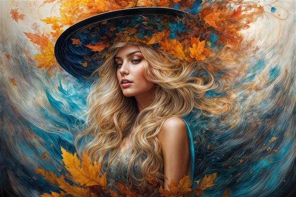 تصویر فانتزی زن در میان طوفان برگ‌های پاییزی و کلاه بزرگ برای پوستر دیواری کافی‌شاپ و محیط‌های مدرن