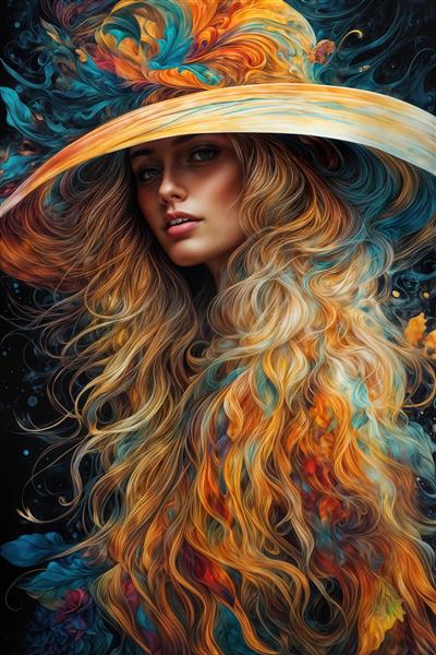 پوستر دیواری شاد و رنگی چهره زن با کلاه بزرگ و موهای بلند برای دکوراسیون اتاق دخترانه و مزون