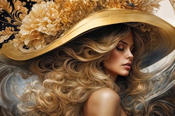 طرح عمودی زن زیبا با کلاه حصیری تزیین شده با گل‌های کرم و طلایی مخصوص دیوارهای باریک و راهرو