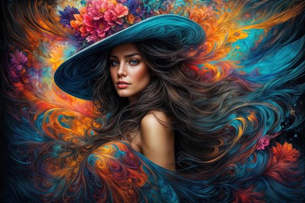 تصویر باکیفیت زن با کلاه لبه‌دار و پس‌زمینه رنگارنگ انتزاعی برای چاپ روی بوم و پوستر دیواری هنری