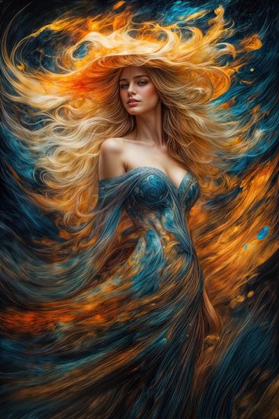 نقاشی انتزاعی چهره زن با موهای درخشان و لباس آبی جهت پوستر دیواری مدرن اتاق خواب و آرایشگاه زنانه