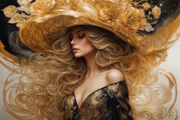 پوستر دیواری لاکچری زن با کلاه بزرگ گل‌دار طلایی و مشکی برای پشت تختخواب و دیوارهای کانونی