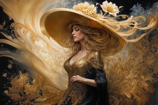 تابلو دکوراتیو لوکس زن با لباس و کلاه طلایی و نقوش اسلیمی ویژه اتاق مدیریت و دکوراسیون تالار