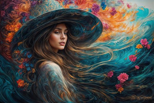 تصویر هنری چهره زن با کلاه بزرگ و گل‌های رنگارنگ مناسب پوستر دیواری سه بعدی پذیرایی و سالن زیبایی