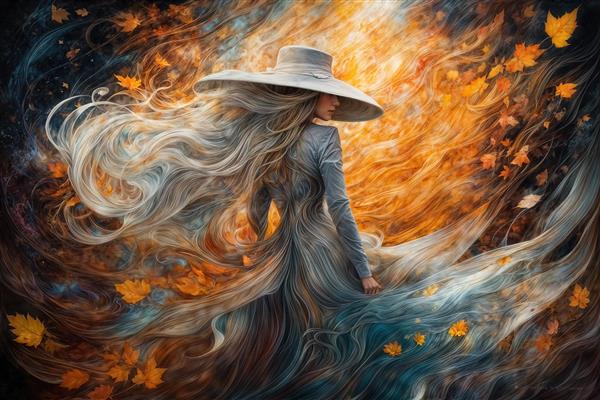 طرح رویایی زن در میان برگ‌های پاییزی نارنجی و زرد برای چاپ پوستر دیواری اتاق خواب و لابی هتل