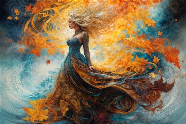 طرح مفهومی زن در میان برگ‌های پاییزی و باد با لباس بلند برای پوستر دیواری پهن و دکوراسیون ورودی هتل
