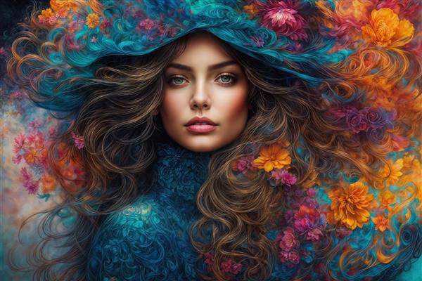 تصویر هنری زن با کلاه گل‌گلی و لباس بافتنی آبی برای چاپ روی کوسن، دفترچه و پوستر دیواری اتاق مطالعه