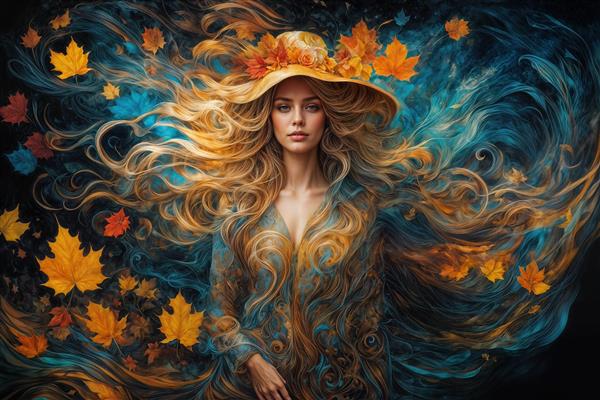 پوستر دیواری پاییزی زن با موهای افشان و برگ‌های زرد و نارنجی در زمینه آبی برای دکوراسیون آتلیه و منزل