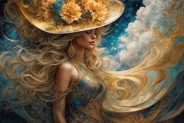 زن با کلاه حصیری تزیین شده با گل‌های زرد در زمینه کهکشانی ویژه پوستر دیواری اتاق خواب دخترانه و کافه