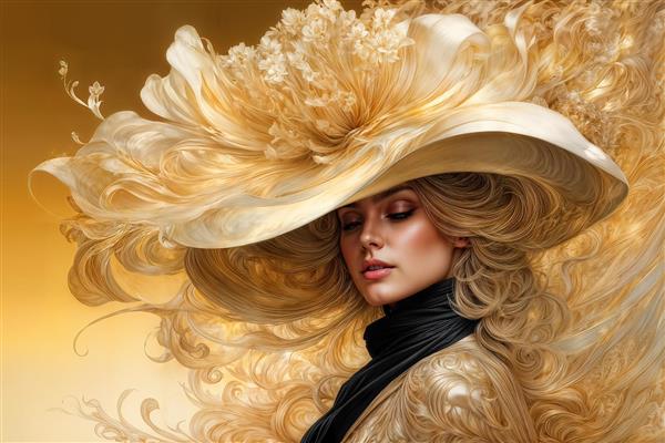 چهره زن با کلاه گل‌دار بزرگ و موهای بلوند مواج طرح هنری برای پوستر دیواری سالن زیبایی، اتاق خواب و آرایشگاه