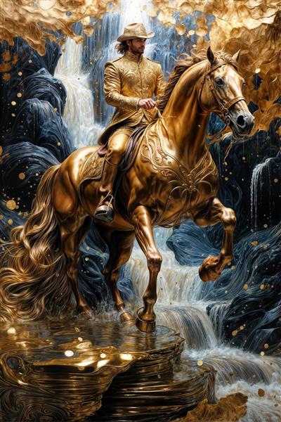 پوستر دیواری مرد سوارکار با زره طلایی در فضایی فانتزی و صخره‌های تیره برای دکوراسیون اتاق مدیریت