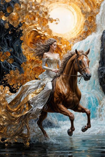 نقاشی دیجیتال اسب با شکوه و زن سوارکار با لباس سفید و طلایی در منظره آبشار برای چاپ تابلو و پوستر دیواری
