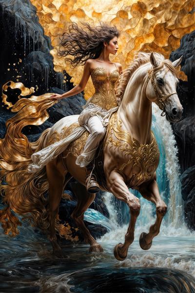 طرح پوستر دیواری سه بعدی اسب سپید بال‌دار و زن با لباس طلایی مناسب دکوراسیون پشت کاناپه و مزون‌های لوکس