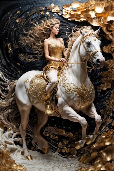 پوستر دیواری مجلل اسب سفید در حال تاخت با جزییات طلایی و فیگور زن دکوراتیو برای اتاق نشیمن و لابی ویلا