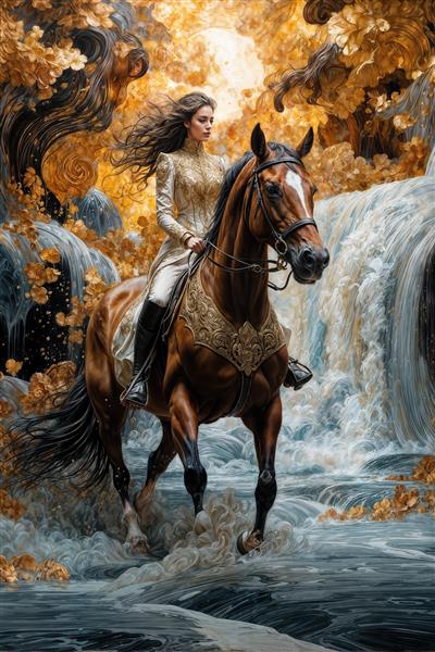 تصویر اسب قهوه‌ای با یراق‌آلات طلایی و زن سوارکار در کنار آبشار خروشان ویژه پوستر دیواری پذیرایی و دفتر کار