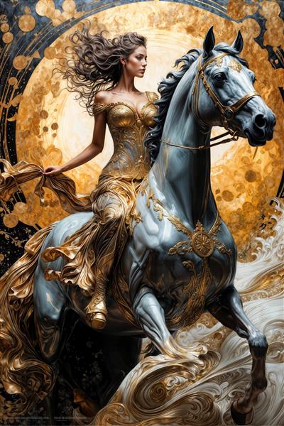 تصویر سلطنتی زن سوار بر اسب با زره طلایی و زمینه خورشید برای پوستر دیواری سه بعدی، اتاق نوجوان و گیم‌نت