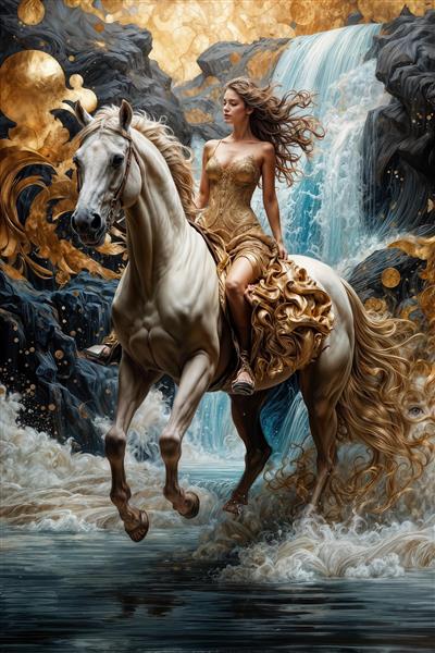 پوستر دیواری اسب سفید و سوارکار در میان آبشار و صخره‌های طلایی مناسب برای دکوراسیون پذیرایی و سالن‌های ورزشی