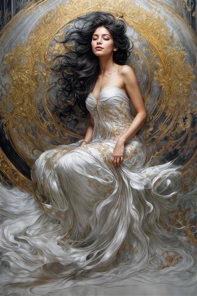 زن در میان هاله‌ای از نور و پارچه سپید با جزئیات طلایی مخصوص چاپ روتختی، پرده تصویری و پوستر دیواری اتاق عروس