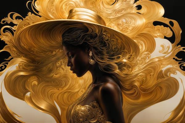 پوستر دیواری عمودی زن با کلاه طلایی در زمینه مشکی و طلایی برای دکوراسیون ورودی ساختمان، دفتر کار و بوتیک