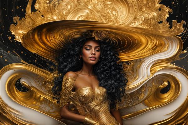 تصویر هنری زن با چشمان بسته و کلاه طلایی مواج مناسب برای کاغذ دیواری سه بعدی، اتاق خواب و سالن‌های اسپا