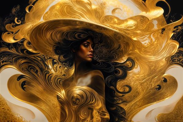 پوستر دیواری سه بعدی زن با کلاه بزرگ طلایی و موهای مشکی در سبک انتزاعی مدرن ویژه دکوراسیون پشت تلویزیون و لابی هتل