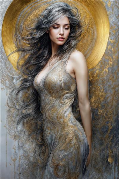 تصویر رویایی زن با لباس نقره‌ای و طلایی خیره‌کننده مناسب چاپ پوستر دیواری پذیرایی و اتاق خواب مستر لوکس