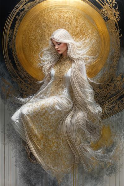 تصویر فرشته‌گونه زن با لباس سفید و طلایی در هاله خورشید برای پوستر دیواری آرامش‌بخش اتاق خواب و سالن یوگا