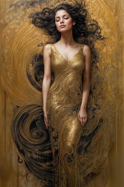 طرح عمودی زن با لباس دکلته طلایی در میان نقوش اسلیمی برای پوستر دیواری راهرو، لابی و فضاهای تجاری لوکس