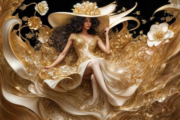 بانو نشسته در میان امواج گل و طلا با استایل اشرافی برای پوستر دیواری نشیمن و چاپ روی روتختی و پرده