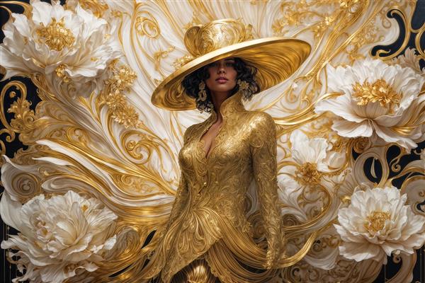 زن در میان گل‌های صدتومانی بزرگ طلایی و سفید برای پوستر دیواری سه بعدی و دکوراسیون دیوارهای تالار عروسی