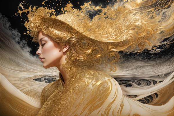 تصویر رویایی زن با کلاه حریر و موهای طلایی افشان در باد برای پوستر دیواری پذیرایی و سالن‌های آرایشی مدرن