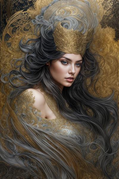 بانو با تاج طلایی و موهای بلند تیره در فضایی رویایی برای چاپ روی بوم، کوسن و پوستر دیواری عمودی اتاق مستر