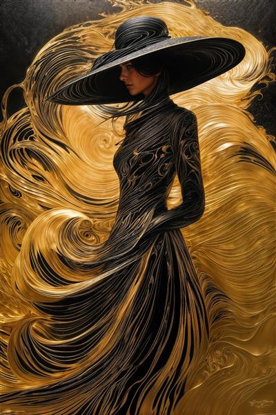 طرح مینیمال و شیک زن با کلاه بزرگ مشکی در پس‌زمینه طلایی برجسته برای پوستر دیواری سالن انتظار و لابی هتل