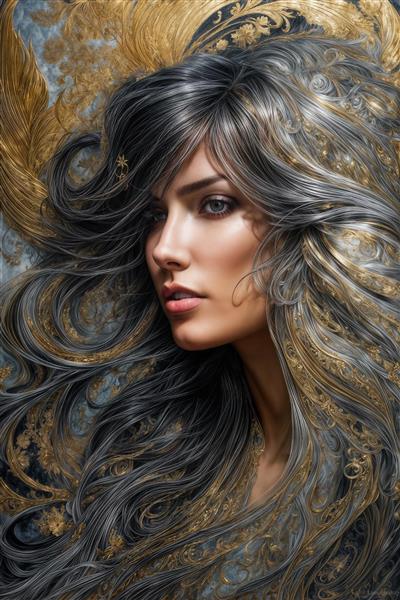 نقاشی هنری چهره زن با موهای نقره‌ای و رگه‌های طلایی مناسب تابلو دکوراتیو و پوستر دیواری اتاق خواب دخترانه