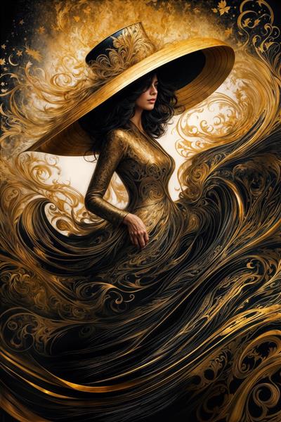 زن با کلاه لبه‌دار مشکی و طلایی در میان امواج تاریک انتزاعی برای پوستر دیواری مدرن پشت کاناپه و دفتر کار مدیرعامل