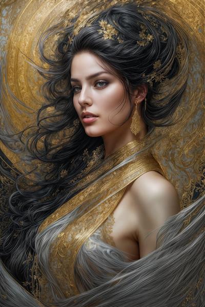پرتره زن با موهای مشکی موج‌دار و لباس حریر طلایی مناسب پوستر دیواری عمودی برای مزون‌های لباس لوکس