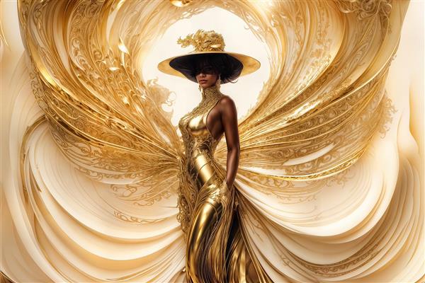 ملکه طلایی پوش با استایل مدرن و کلاه لبه‌دار برای پوستر دیواری پشت میز منشی و دکوراسیون بوتیک‌های خاص