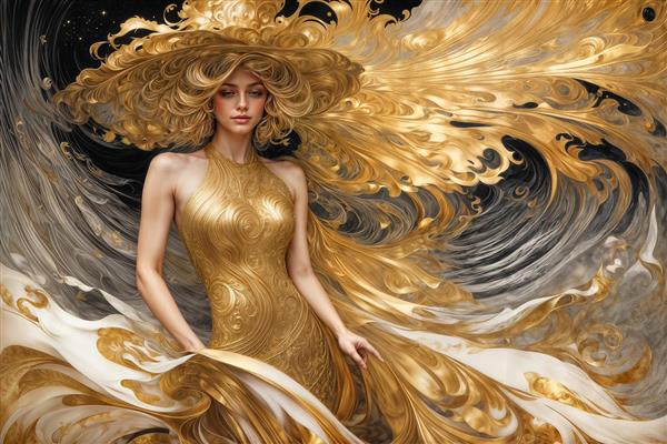 طرح فانتزی زن در میان امواج پارچه طلایی و سفید برای چاپ پرده تصویری، روتختی و پوستر دیواری تالارهای پذیرایی