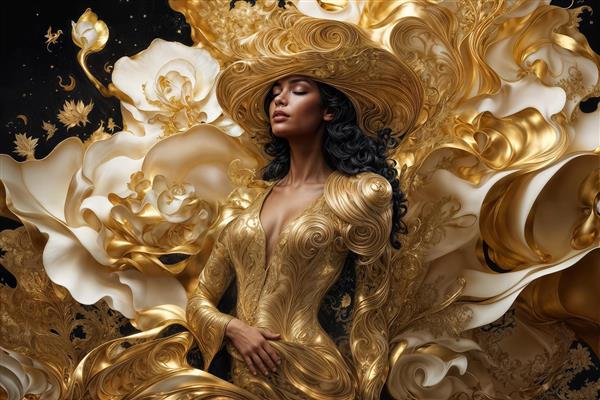 ترکیب گل‌های رز سفید و زن در لباس طلایی خیره‌کننده مناسب کاغذ دیواری سه بعدی و پوستر دیواری اتاق مستر