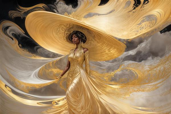 زن با کلاه بزرگ و لباس طلایی در میان ابرهای درخشان طرحی خاص برای پوستر دیواری عریض پشت تلویزیون و نشیمن