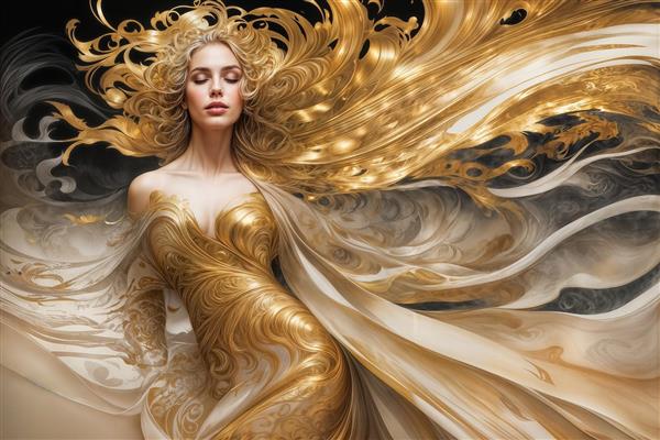 نقاشی انتزاعی زن و موهای افشان طلایی در باد برای پوستر دیواری پذیرایی و دیوارهای بزرگ سالن‌های آرایش لوکس