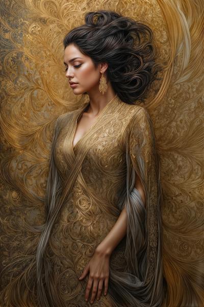 تصویر هنری زن در لباس زربافت با نقش و نگار اسلیمی برای تابلو فرش ماشینی و پوستر سه بعدی لابی هتل و دفتر مدیریت