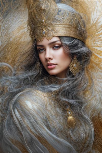 پرتره ملکه با تاج جواهرنشان طلایی و موهای خاکستری مواج ویژه چاپ روی بوم، کوسن و پرده‌های تصویری تالارها