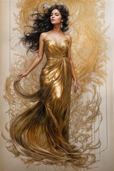 طرح عمودی زن با لباس طلایی درخشان و پس‌زمینه اسلیمی انتزاعی مناسب تابلو دکوراتیو و پوستر دیواری پشت تخت خواب