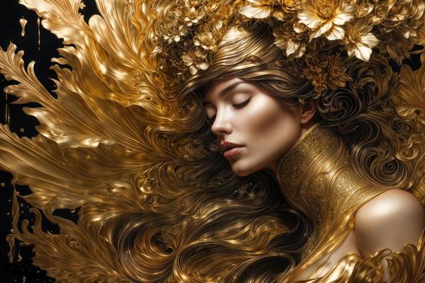 چهره زن در میان گل‌های طلایی برجسته با استایل نقاشی مدرن برای چاپ پوستر دیواری لوکس اتاق خواب و سالن‌های زیبایی