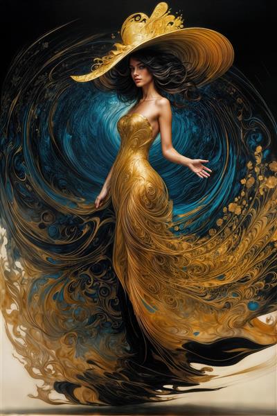 بانوی طلایی در میان موج‌های تیره و آبی اقیانوسی ویژه پوستر دیواری فضاهای هنری، سالن‌های ورزشی و استخر‌های مجلل