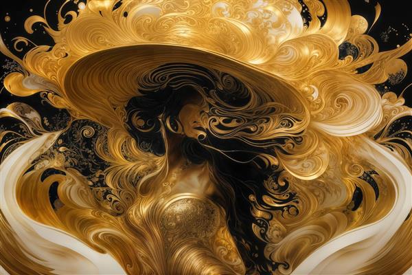 تصویر فانتزی زن با لباس زربفت در میان گرداب طلایی برای چاپ روی بوم و پوستر دیواری پشت تلویزیون و دکوراسیون لوکس