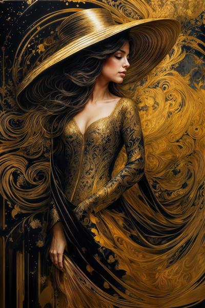 طرح هنری زن با کلاه بزرگ طلایی و موهای بلند در میان فرم‌های انتزاعی مناسب پوستر دیواری سه بعدی نشیمن و لابی