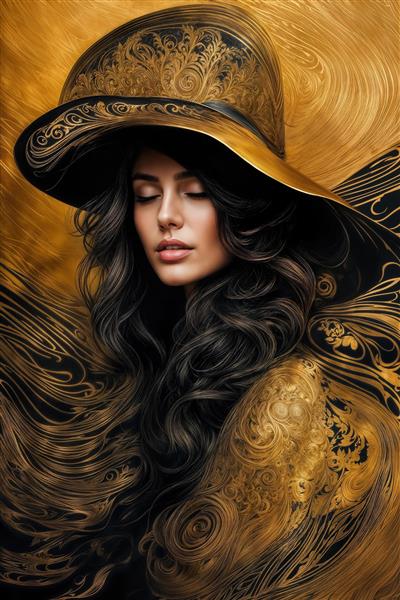 پرتره زن با کلاه کلاسیک تزئین شده و تم تیره طلایی مخصوص پوستر دیواری کافی‌شاپ‌های مدرن و استودیو عکاسی